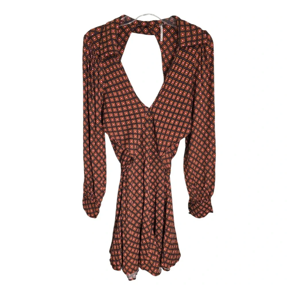 Free People Retro Geometric Diamond Print Open Back Mini Dress Orange Pink Sz M